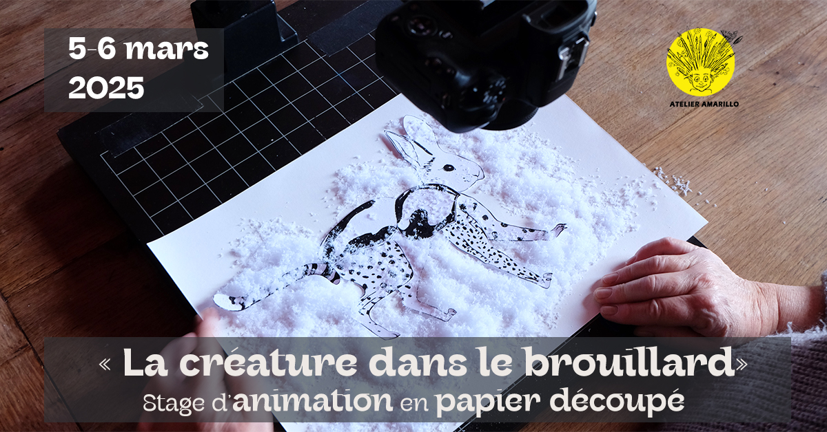 Stage cinéma d’animation à Langon Alice Viry animation bandeau d’annonce pour le stage de cinéma d’animation en papier découpé «la créature dans le brouillard»